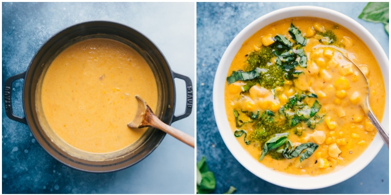 Potato Corn Chowder in the pot and in a bowl