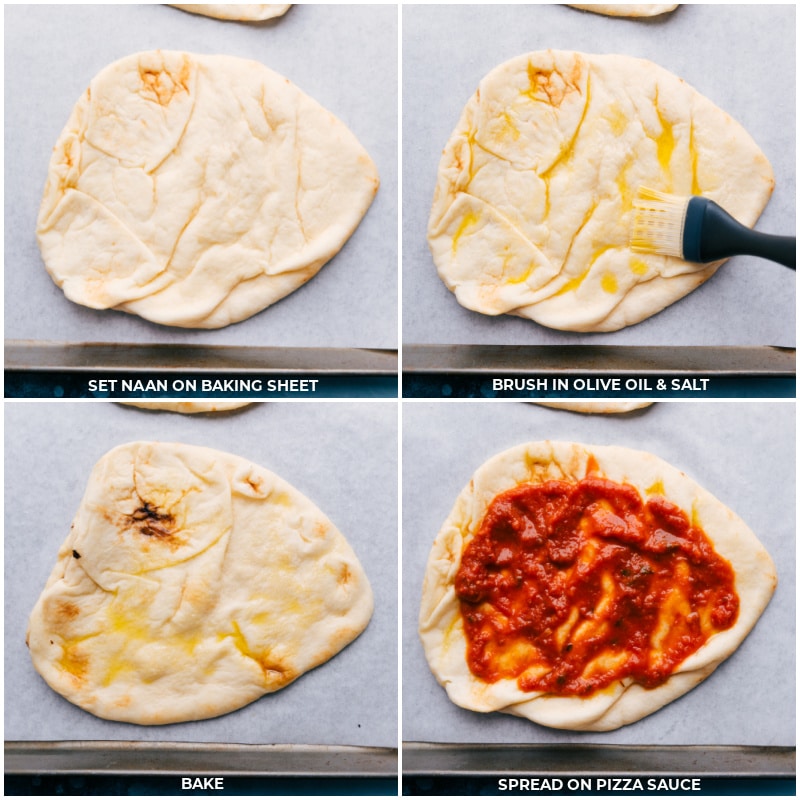 Process shots-- images of the olive oil being brushed on the naan and then pizza sauce being added