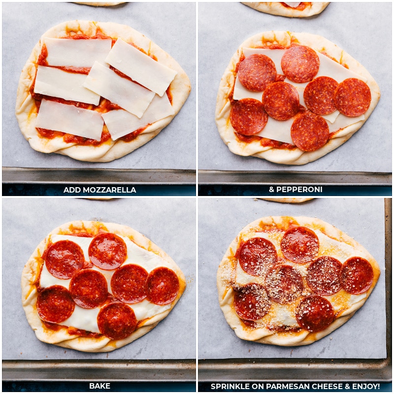 Process shots-- Add mozzarella and pepperoni to the pizza; bake; sprinkle with Parmesan cheese.