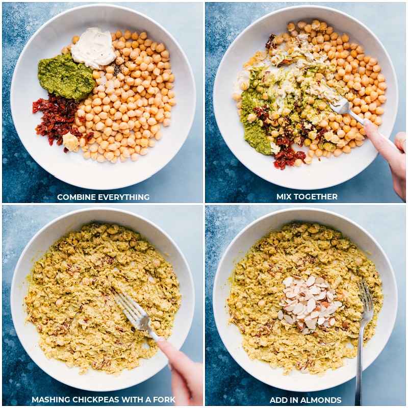 Process shots-- add all ingredients to a bowl; mash together with a fork; add in almonds.