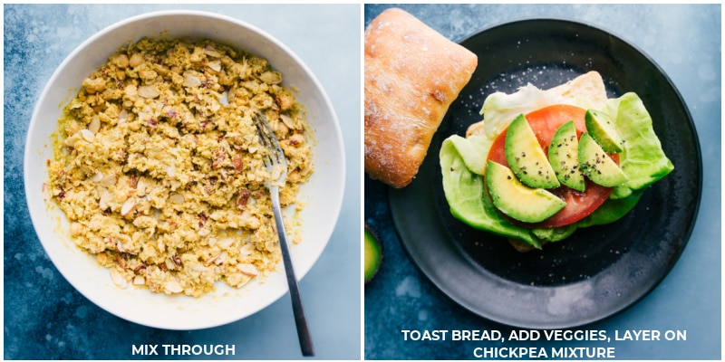 Process shots--mix all ingredients; add to toasted bread with toppings