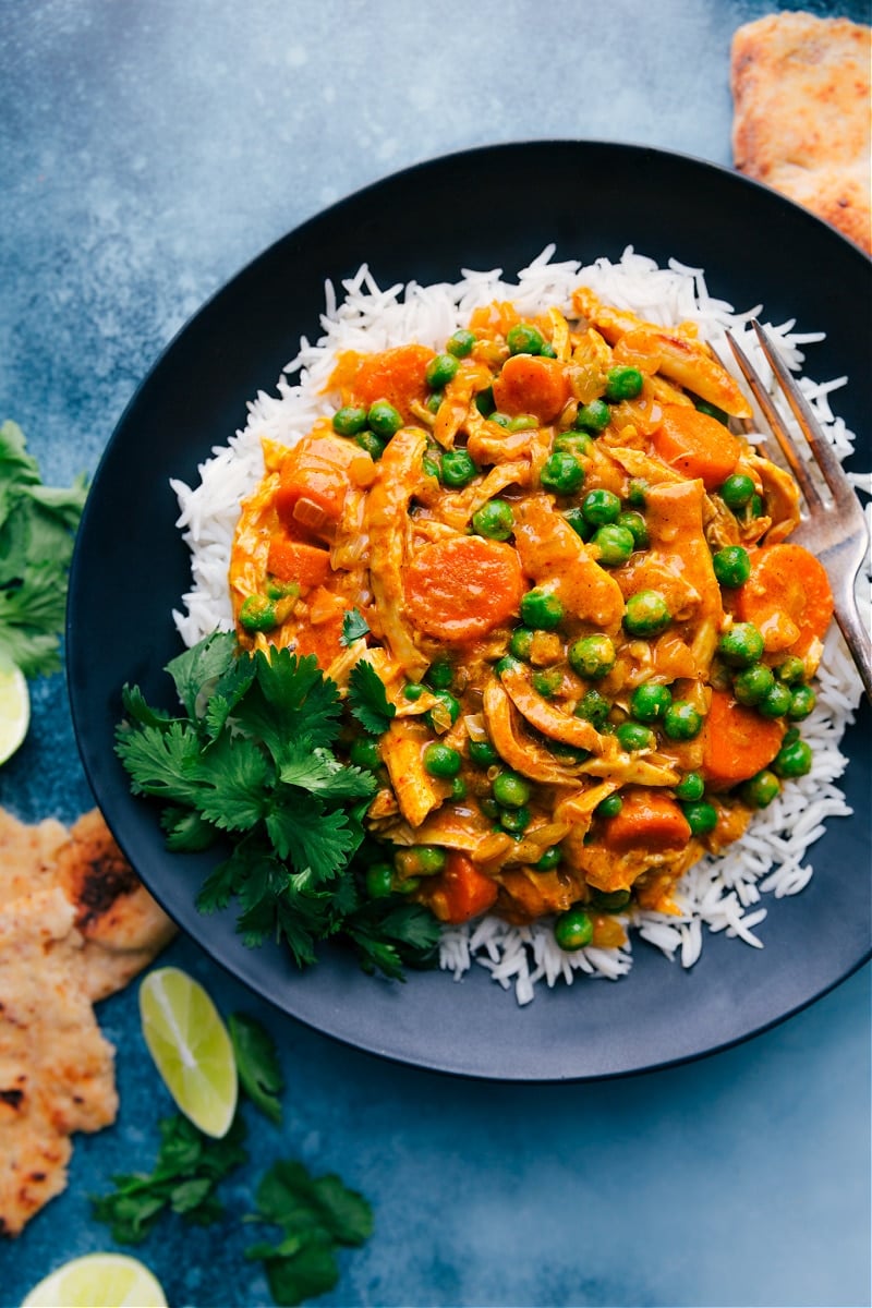 Overhead image of the Quick Chicken Curry on a plate over a bed of rice