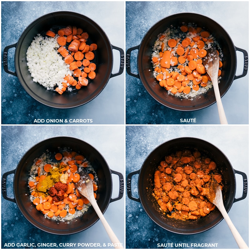 Process shots-- images of the onions, carrots, and seasonings being added to the pan and being sautéed together