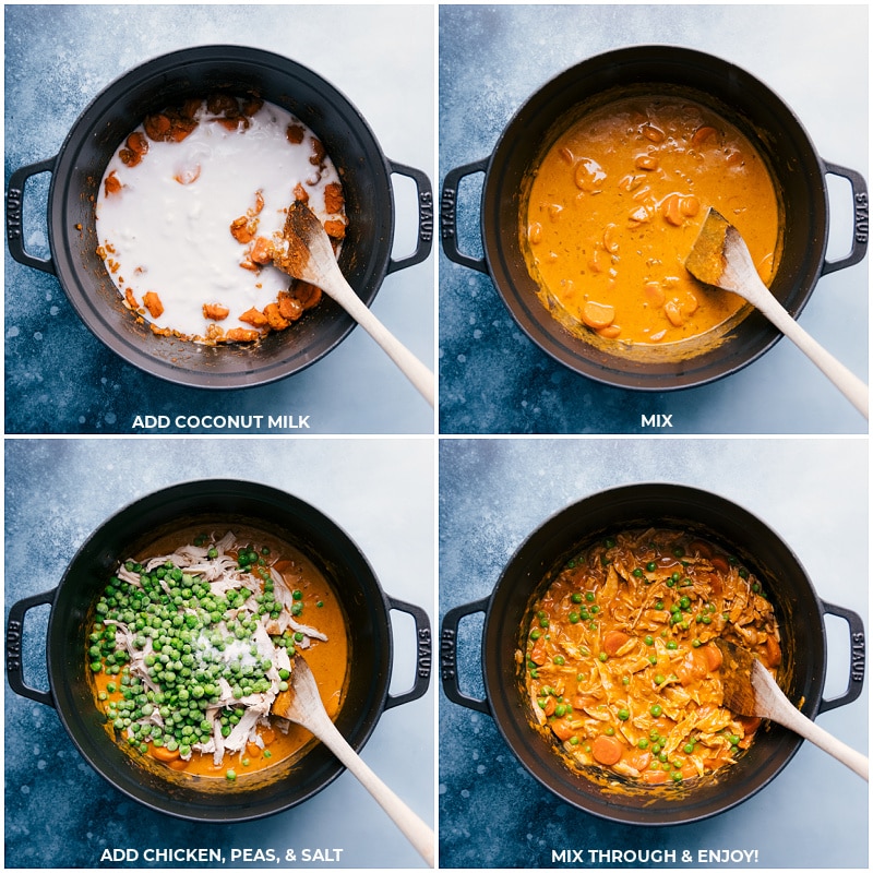 Process shots-- images of the coconut milk, chicken, peas, and salt being added and mixed together