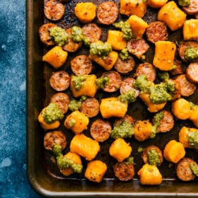 Roasted Sweet Potato & Sausage with Pesto