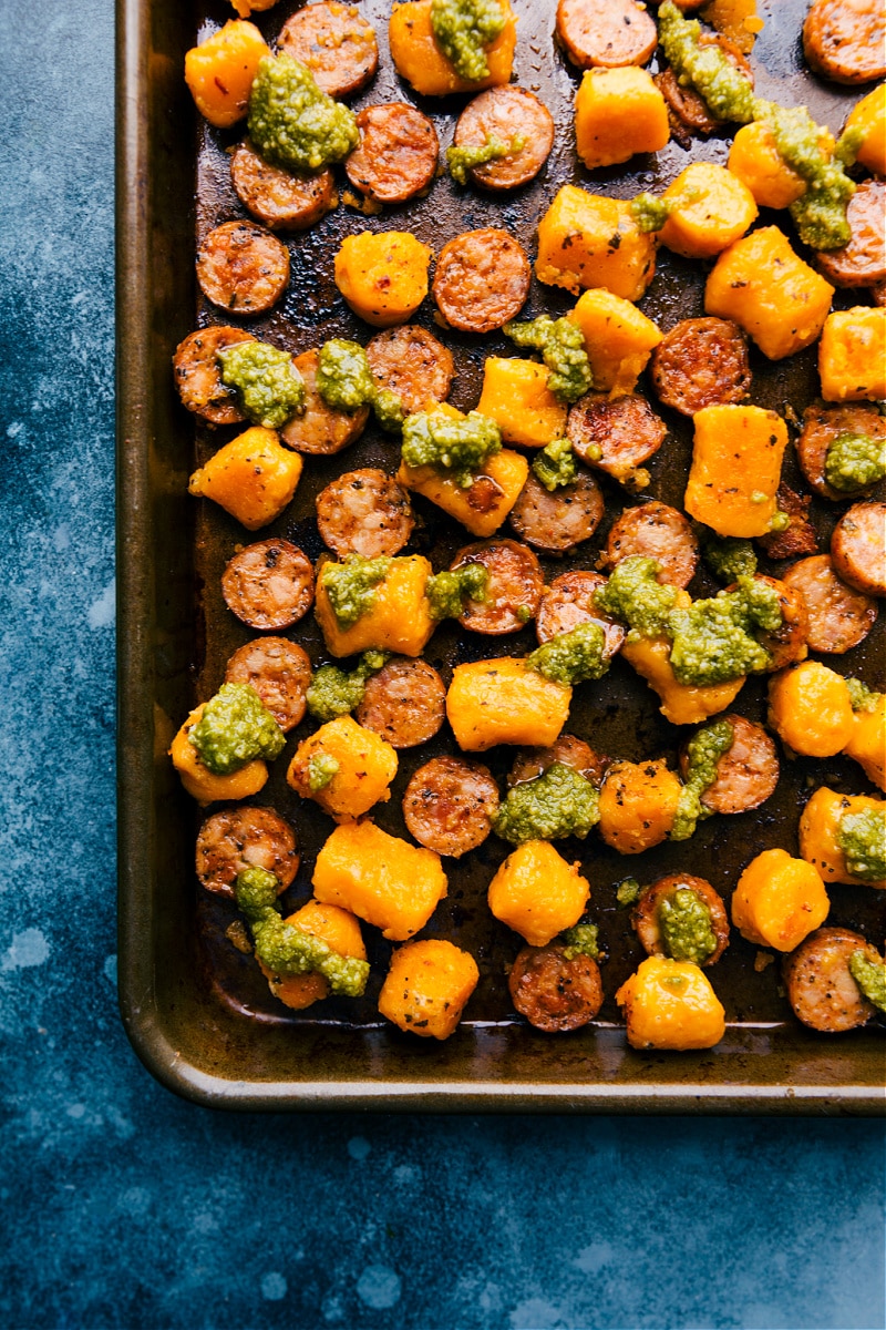 Back-To-School Lifesavers-- image of the roasted sweet potatoes and sausage with pesto