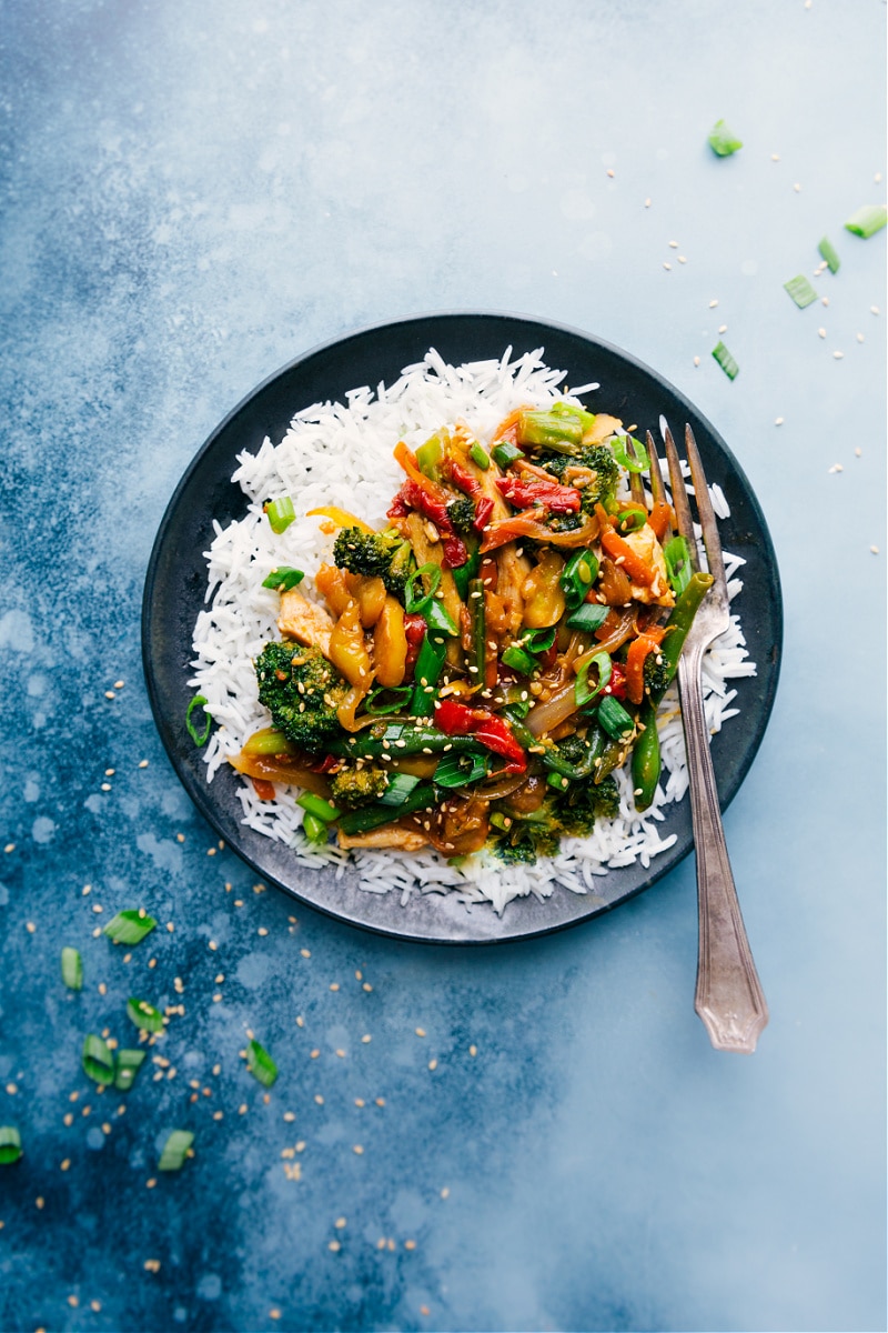 Rotisserie Chicken Stir-Fry on a plate with rice