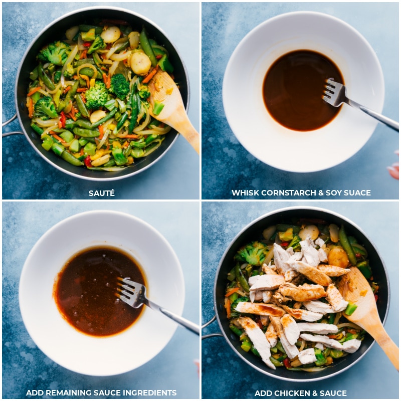 Process shots-- sautéing veggies; whisking cornstarch with soy sauce; adding remaining sauce ingredients; adding chicken and sauce to the veggies.