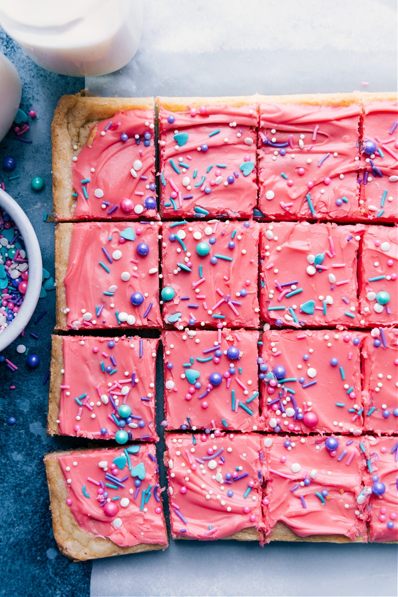 Up close overhead image of the sugar cookie bars cut into squares