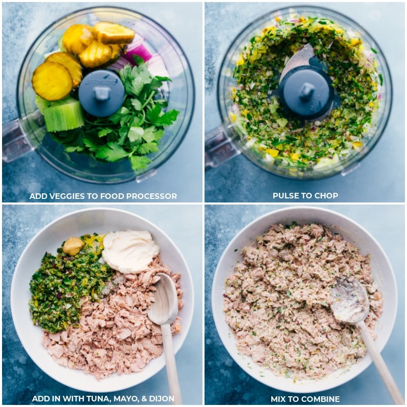 Process shots-- add ingredients to the food processor; pulse to chop; combine with tuna and mayo; mix well.