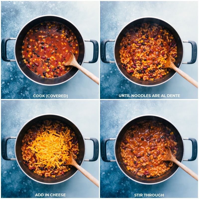 Process shots of vegetarian chili Mac-- noodles being cooked and cheese being added to all of it and mixed together