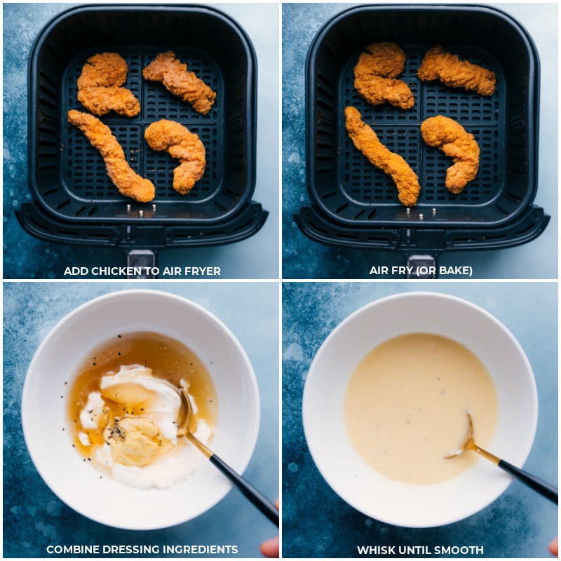 Process shots-- images of the chicken being air fried and the sauce being whisked together