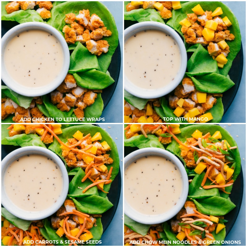 Process shots--Add chicken to the lettuce wraps; top with mango; add carrots and sesame seeds; add chow mein noodles and green onions.