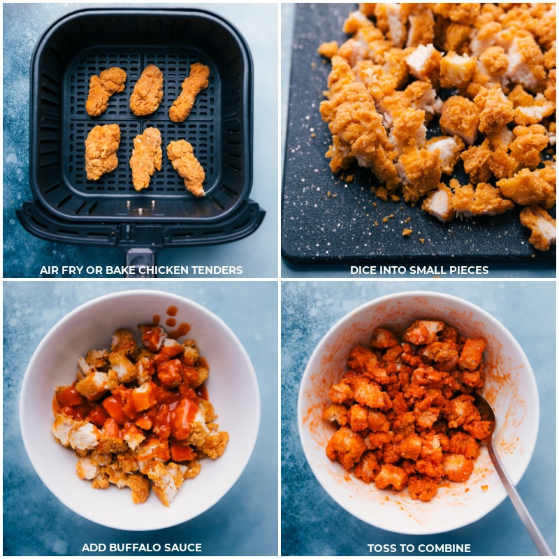 Process shots-- images of the chicken being fried and the buffalo sauce being added