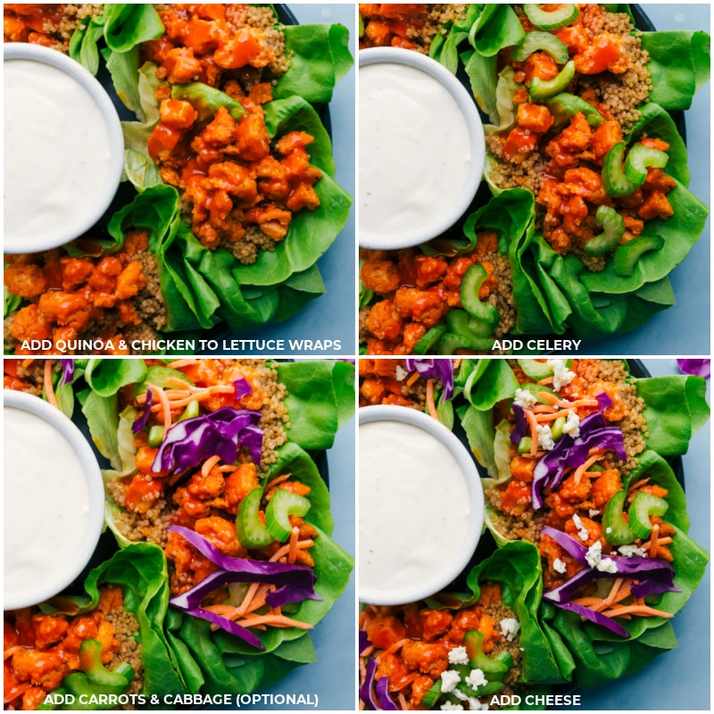 Process shots-- images of the quinoa, chicken, celery, carrots, cabbage, and cheese being added to these Buffalo Chicken Lettuce Wraps