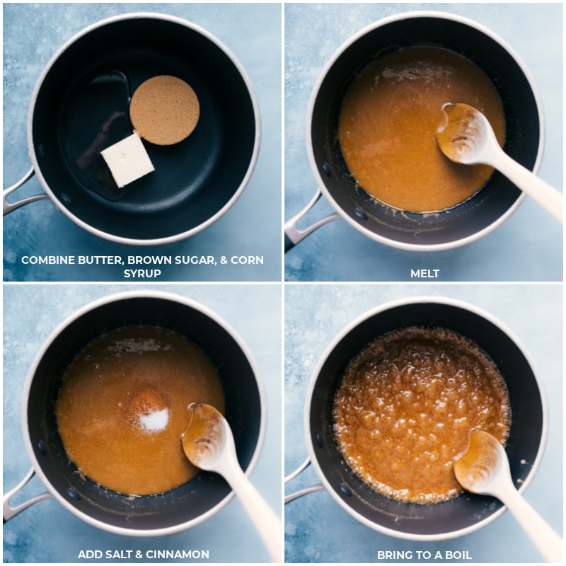 Process shots-- images of the butter, sugar, and corn sugar being added to the pot and melted and then salt and cinnamon being mixed in