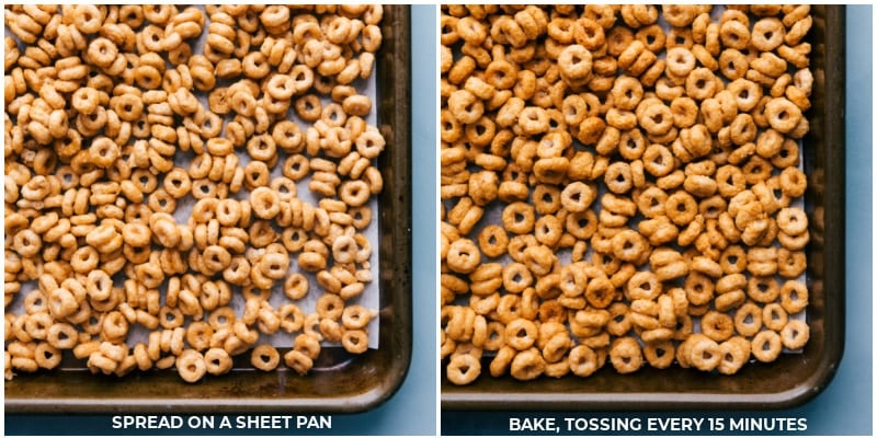 Spread cereal mixture on a sheet pan; bake and mix every 15 minutes.