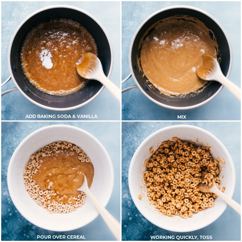 Process shots: add baking soda and vanilla to the syrup mixture; mix; pour over cereal; work quickly and toss to mix.