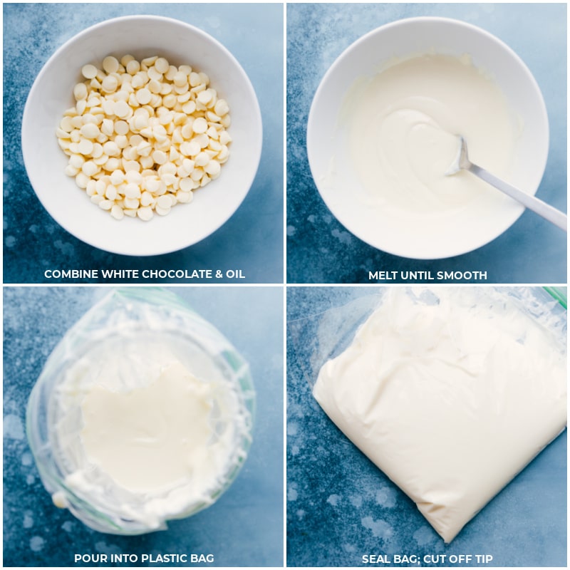 Process shots-- images of the white chocolate being melted and poured into a bag to pipe over the popcorn