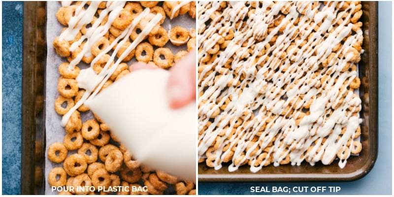 Process shots: pour white chocolate into a plastic bag; seal bag and cut off the tip.