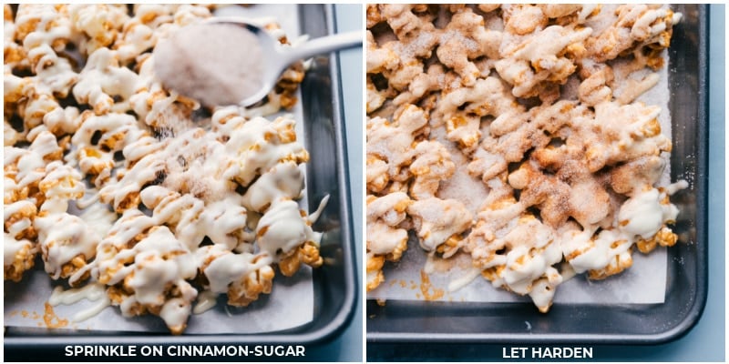 Images of the cinnamon roll popcorn being completed with a sprinkle of cinnamon on top