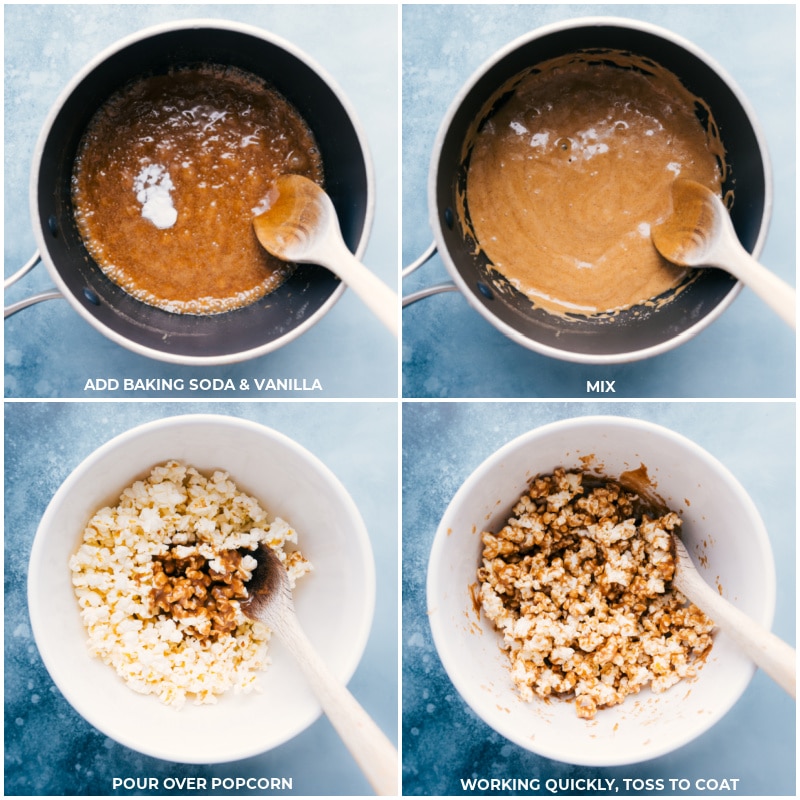 Process shots of Cinnamon Roll Popcorn-- the baking soda and vanilla being added to the pot and then the cinnamon sugar mixture being poured over the popped popcorn