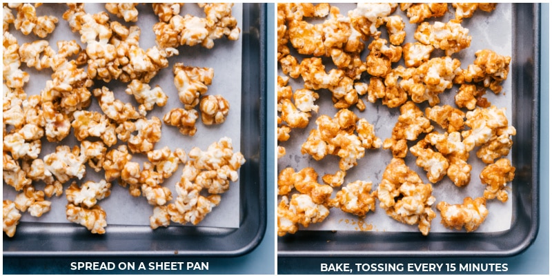 Process shots-- images of the popcorn being spread on a baking sheet to bake, tossing every 15 minutes