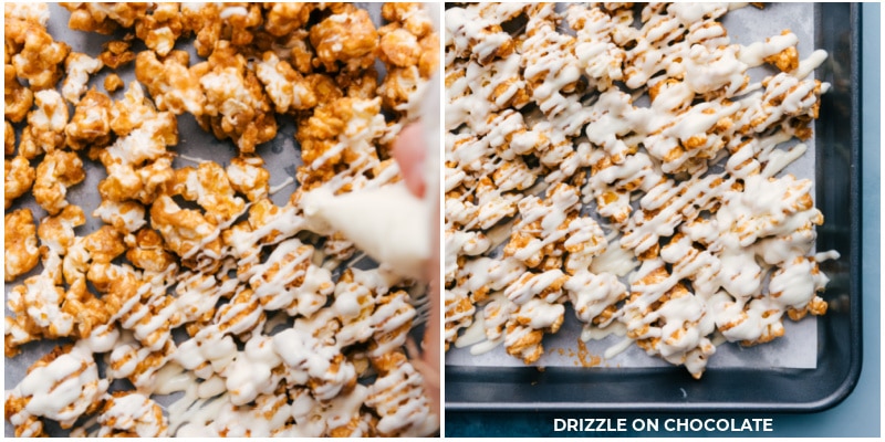 Process shots: drizzling the white chocolate over the popcorn.