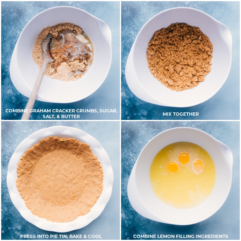 Crust being prepped and baked and the filling ingredients being added to a bowl.