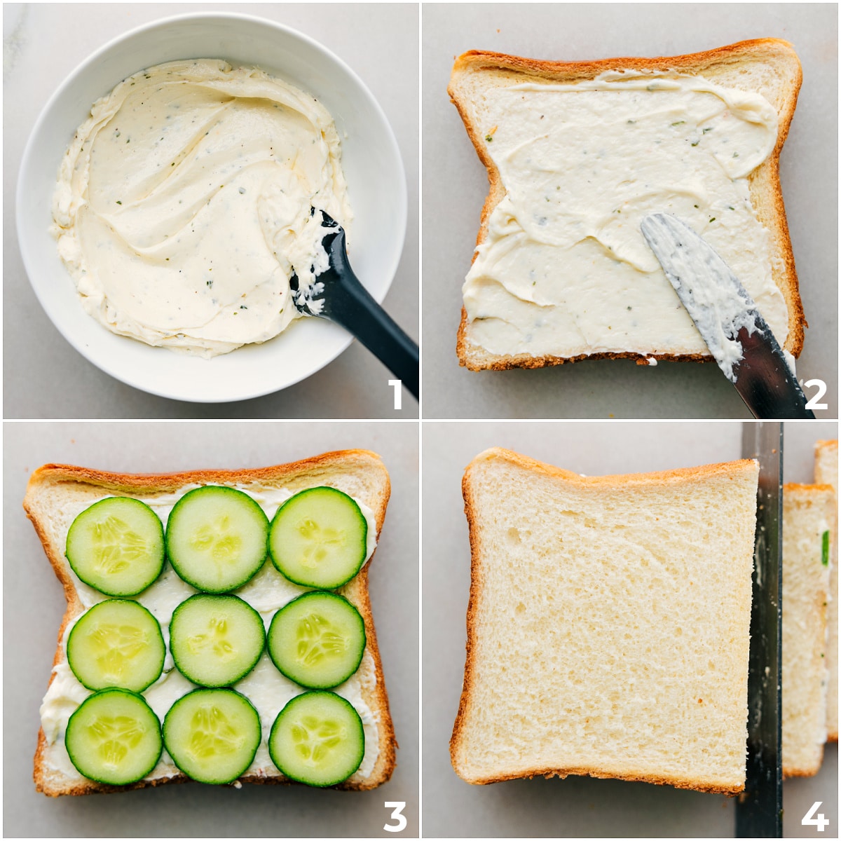 The mayo sauce and cucumbers being layered onto the bread for these cucumber sandwiches.