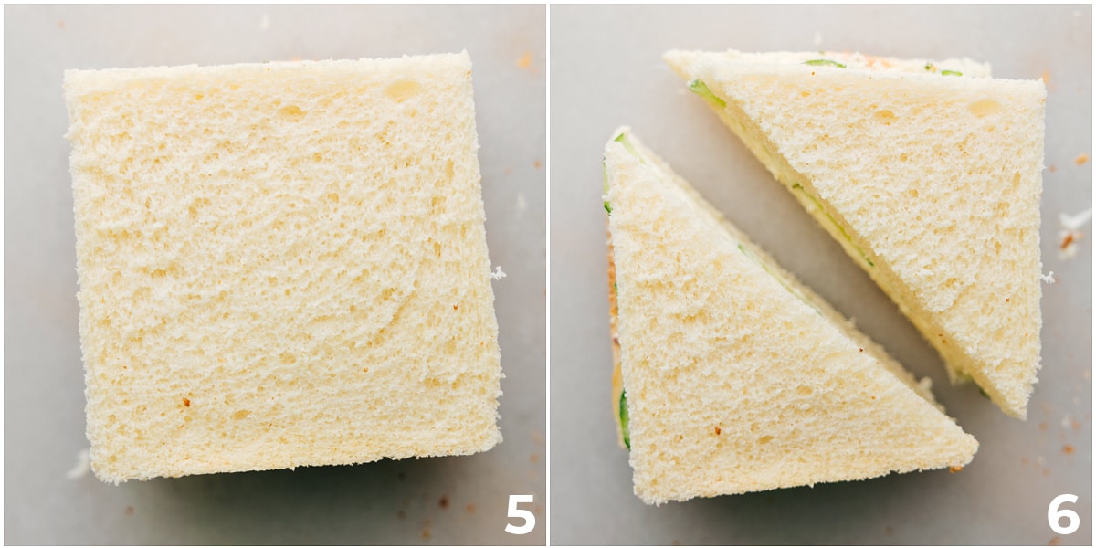 The crust being cut off and the lunch being cut in half.