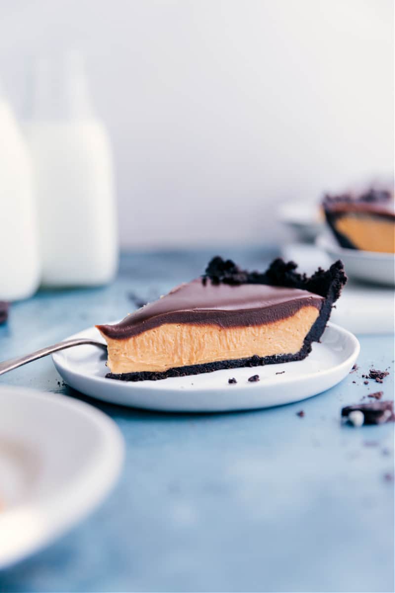 Chocolate Peanut Butter Pie slice on a plate