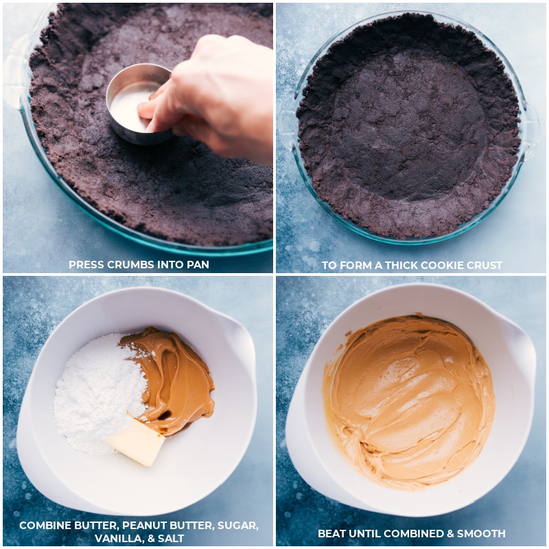 Process shots--press crumbs into pan to form a thick cookie crust; combine filling ingredients; beat until smooth.