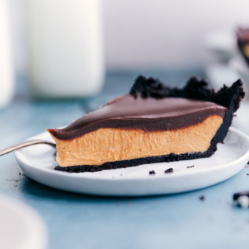 A slice of the Chocolate Peanut Butter Pie on a plate