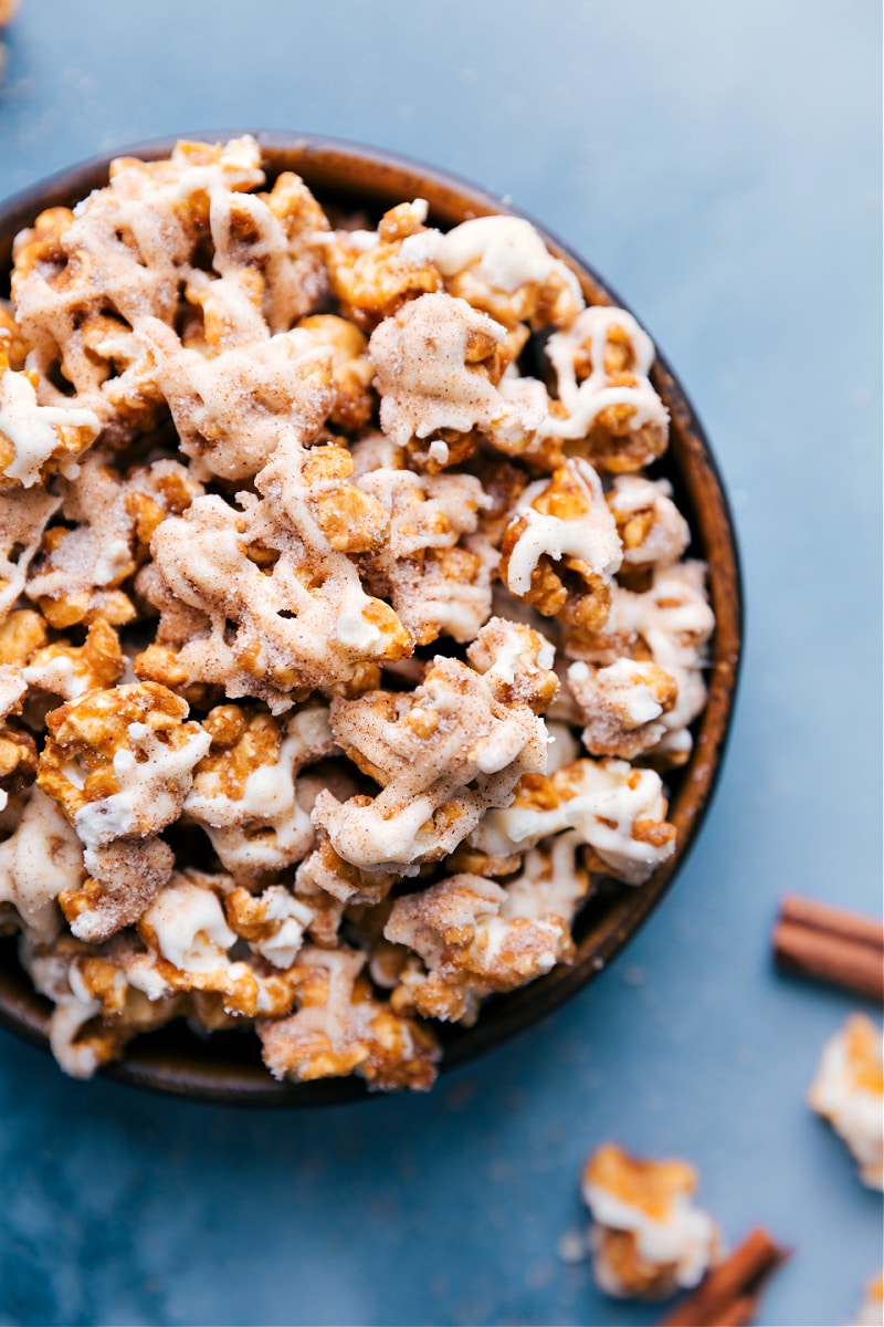 Up-close overhead image of the Cinnamon Roll Popcorn ready to be eaten