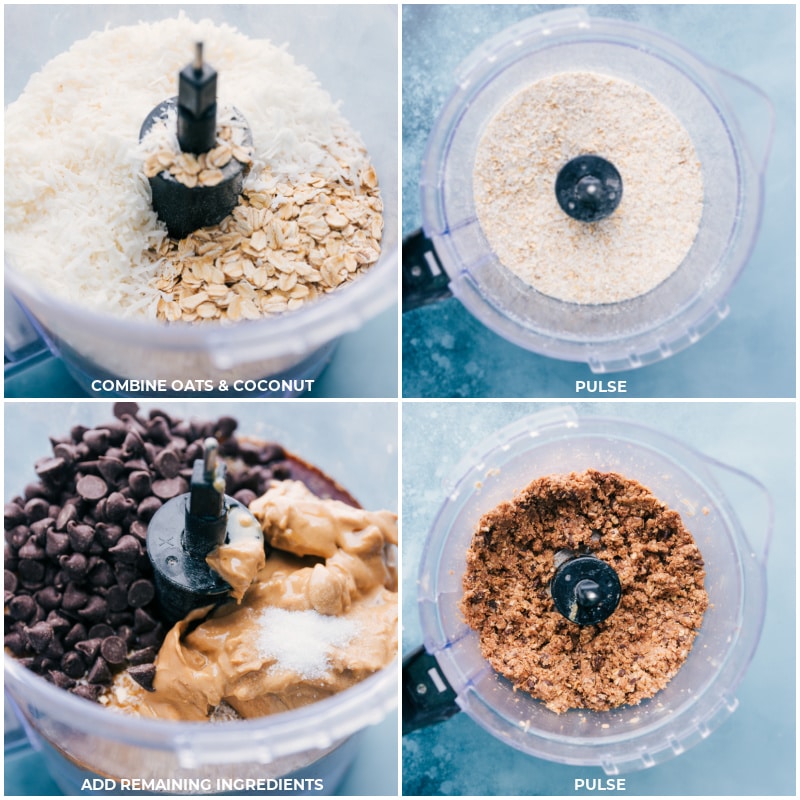 Process shots-- images of the oats and coconut being pulsed together; the remaining ingredients being added