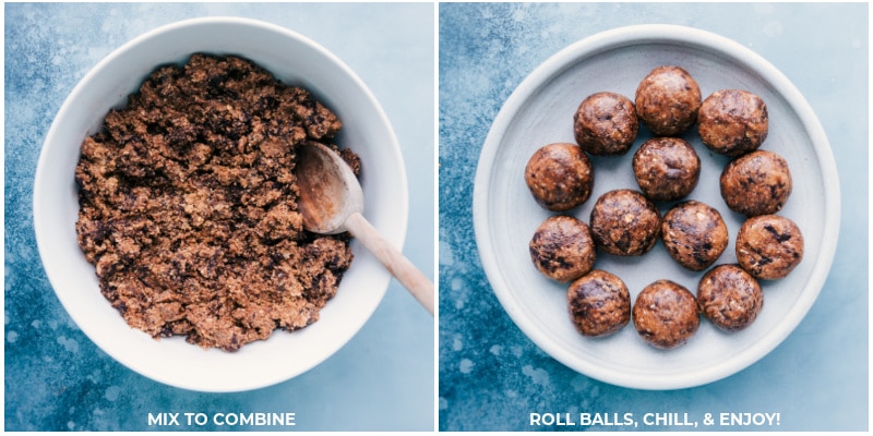 Images of the Cookies and Cream Energy Bites dough in a bowl and then the dough balls being rolled out