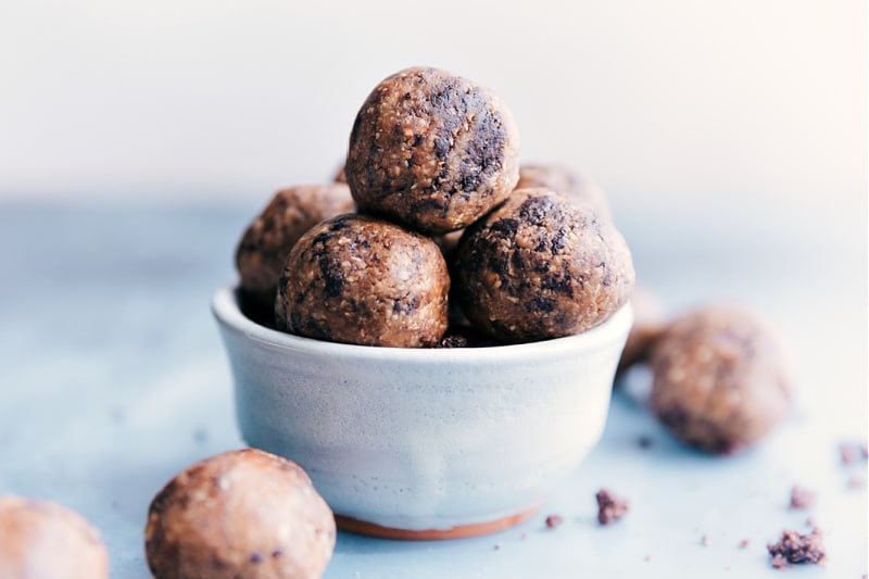 Up-close image of the Cookies and Cream Energy Bites in a bowl ready to be eaten