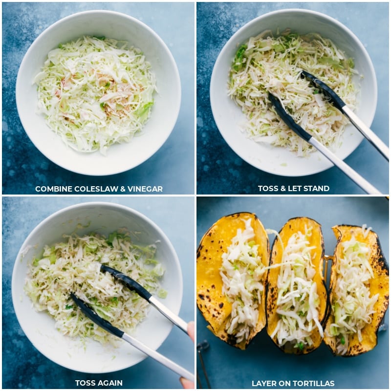 Process shots of Fish Stick Tacos-- images of the coleslaw being mixed together and layered in the tortillas