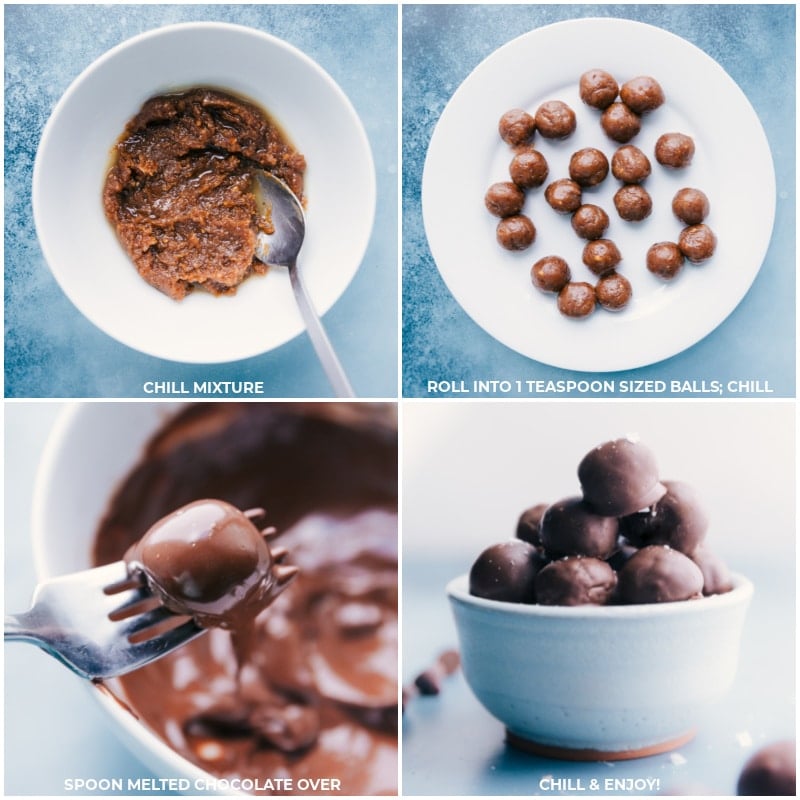 Process shots for Healthy Chocolate-Covered Caramels-- Rolling out the date mixture and dipping in chocolate