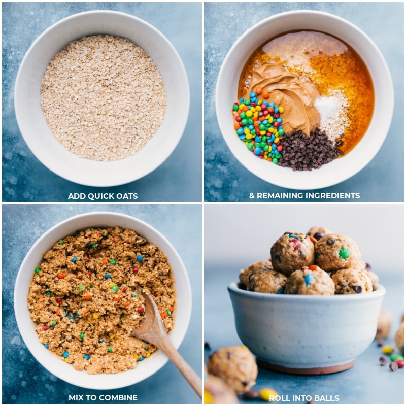 Process shots-- images of the oats, and remaining ingredients being added to the bowl and rolled into balls