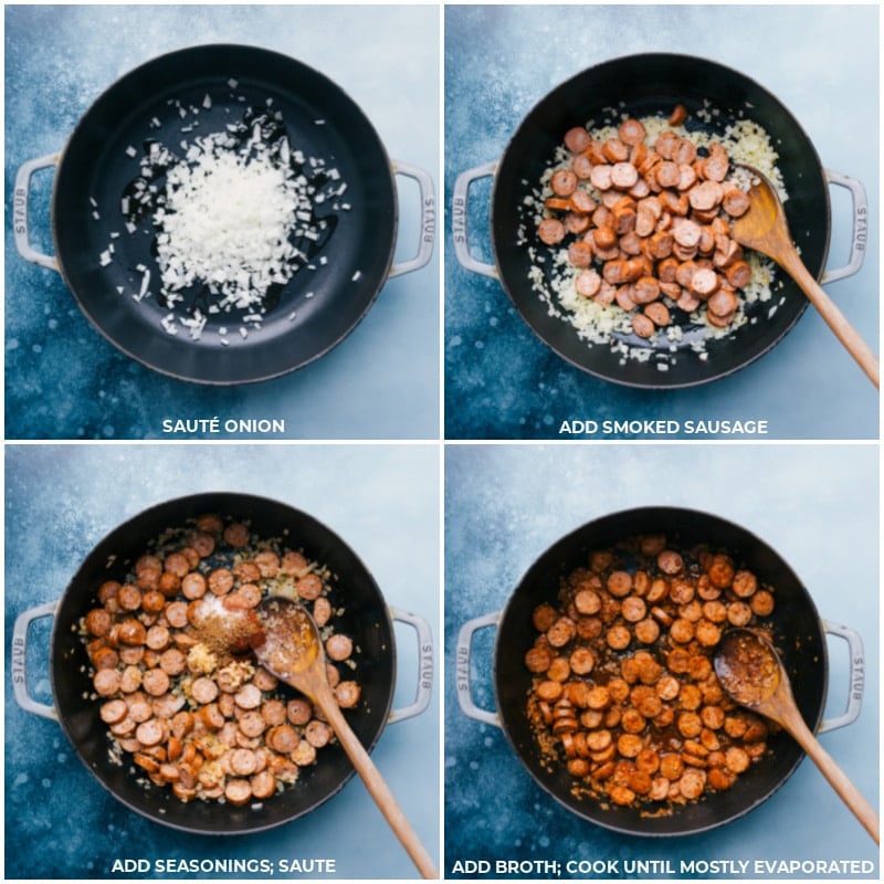 Process shots-- images of the onion, sausage, seasonings, and broth being added to this dish