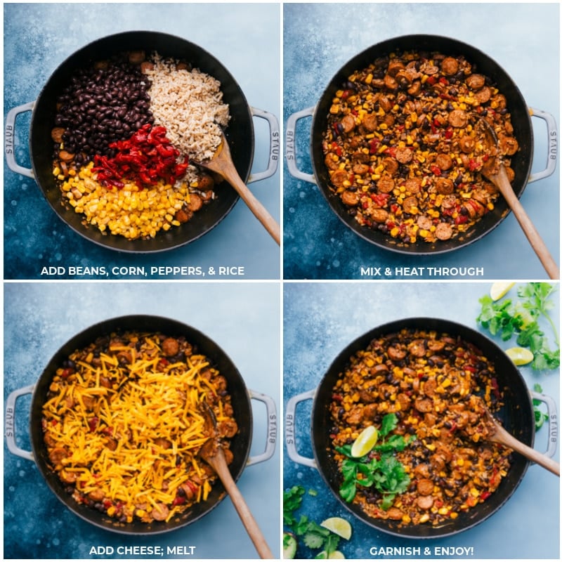 Process of Sausage and Rice meal-- image of the beans, corn, peppers, rice, and cheese being added