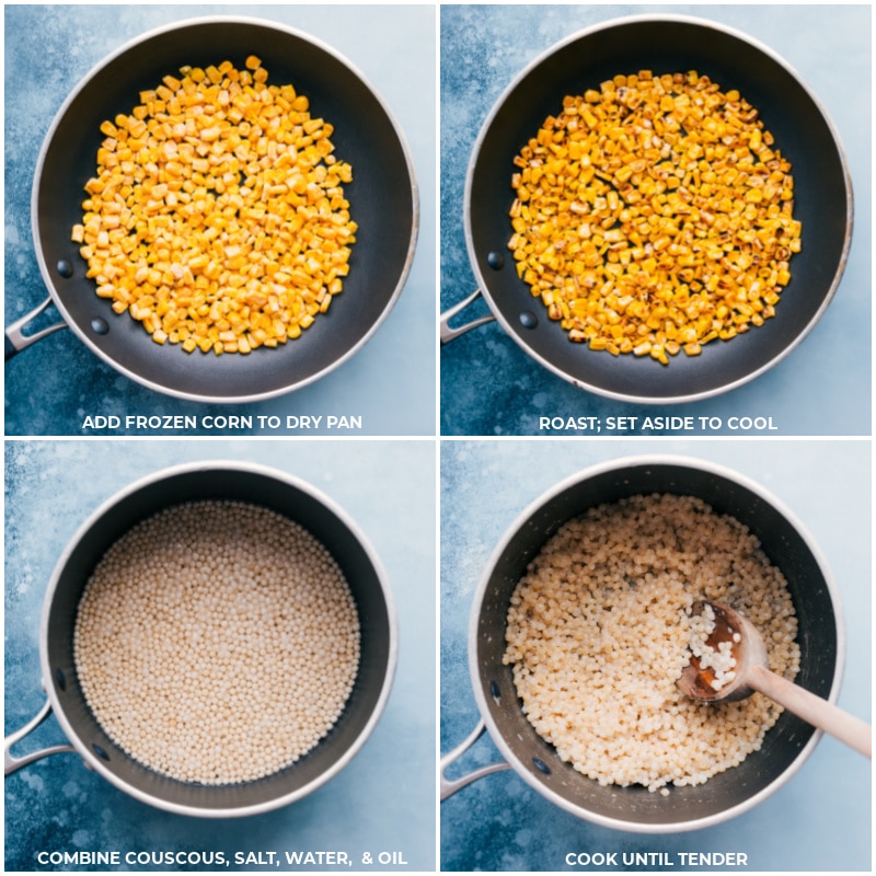 Process shots: add frozen corn to dry pan; roast and set aside to cool; combine couscous ingredients; cook until tender.