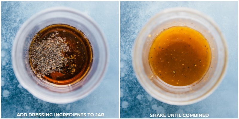 Process shots: making the dressing by combining ingredients in a jar and shaking until combined.