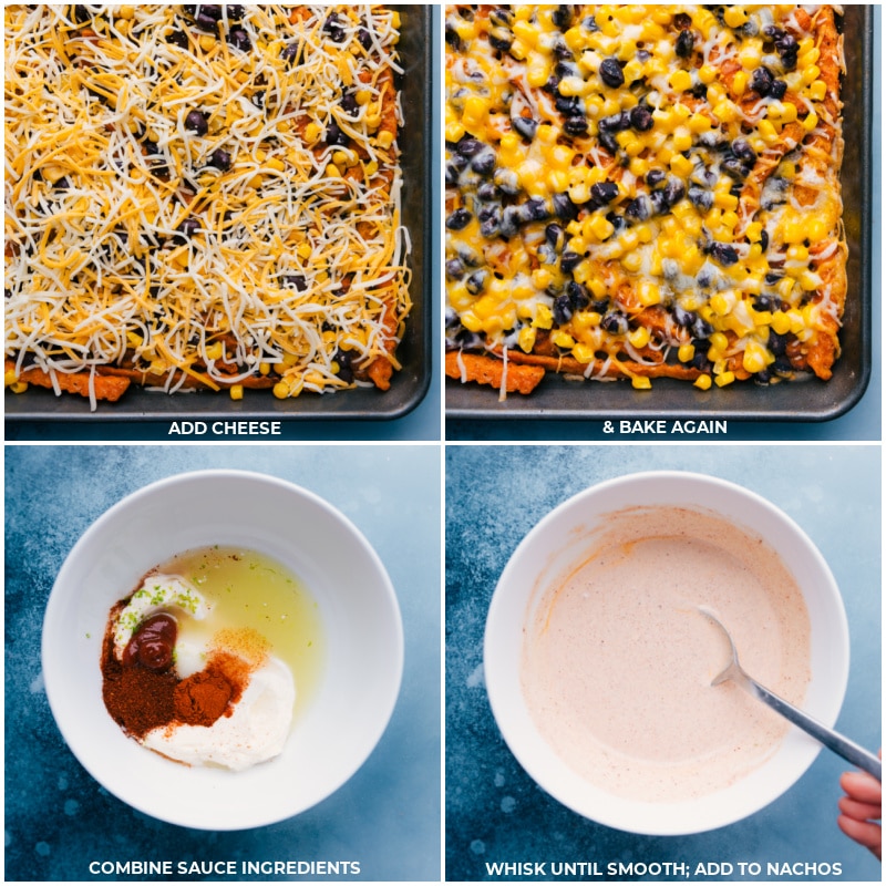 Process shots-- Add cheese; continue baking; create sauce by adding ingredients to a bowl; stir well.