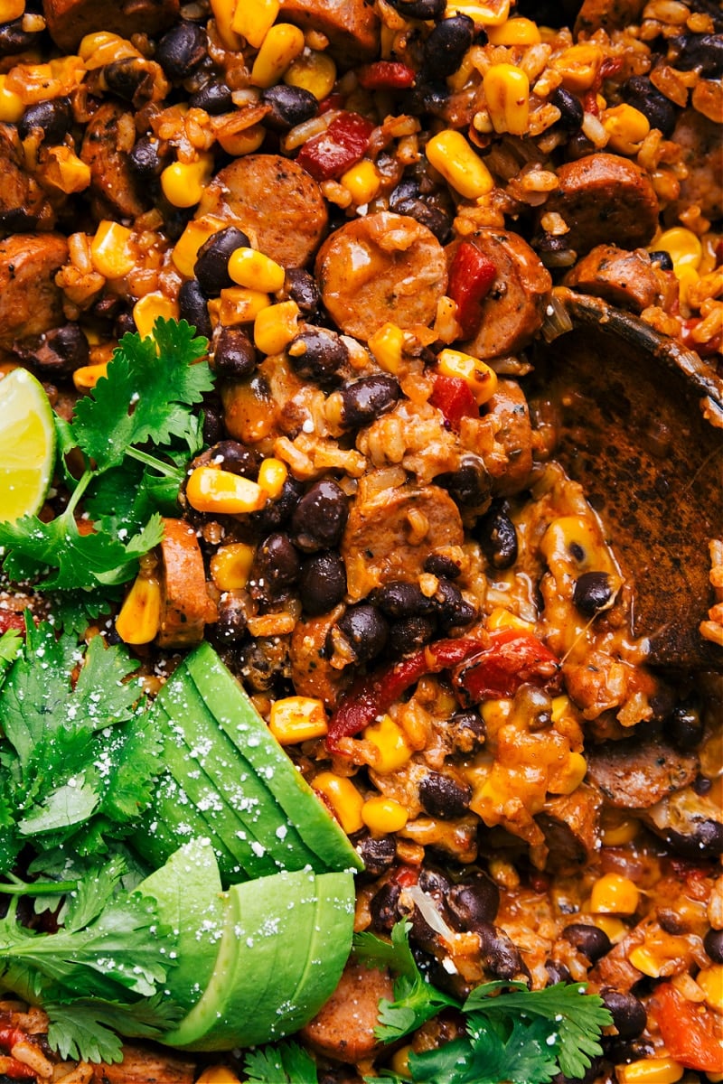 Overhead image of Sausage and Rice (one skillet meal)