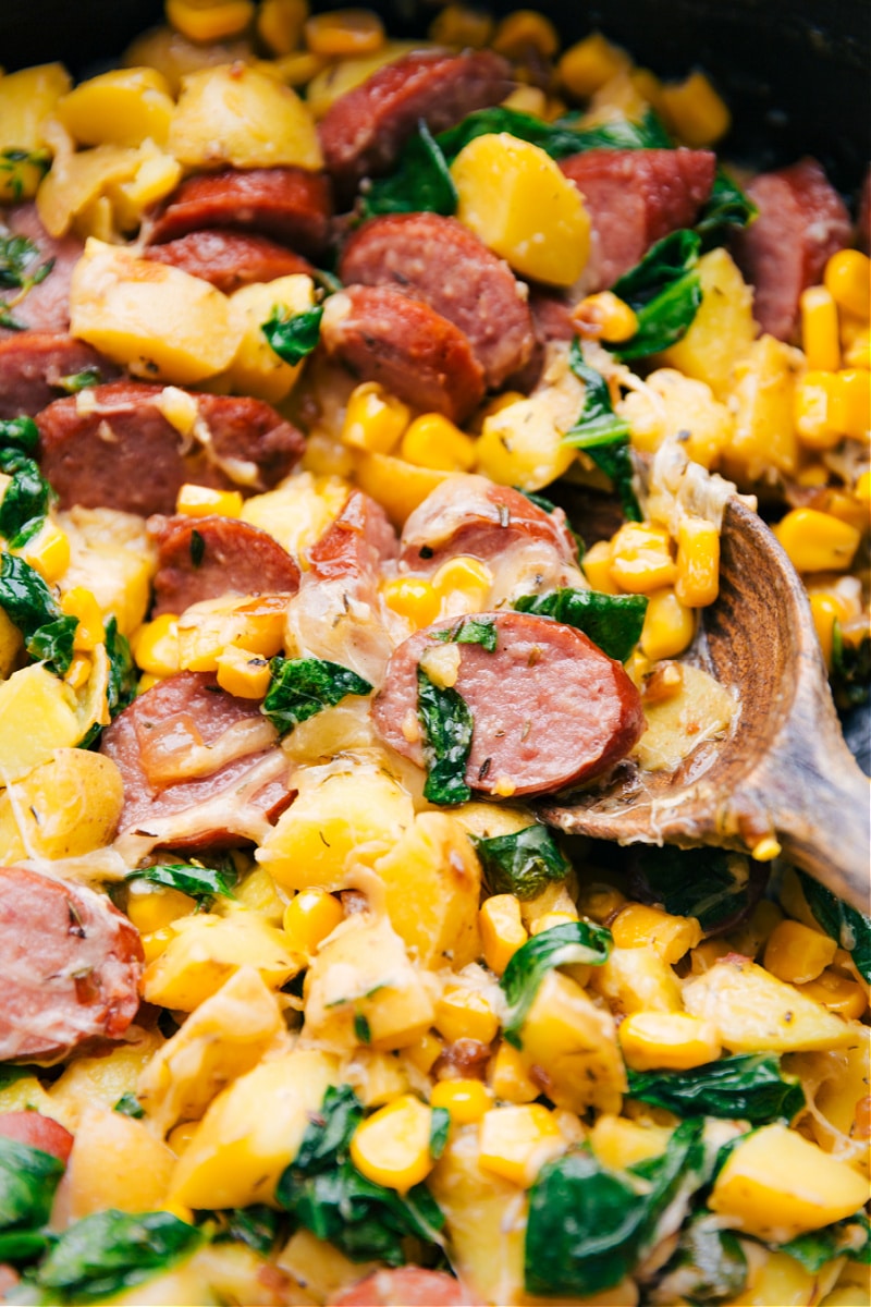 Up close image of the smoked sausage, potatoes, and corn ready to be served