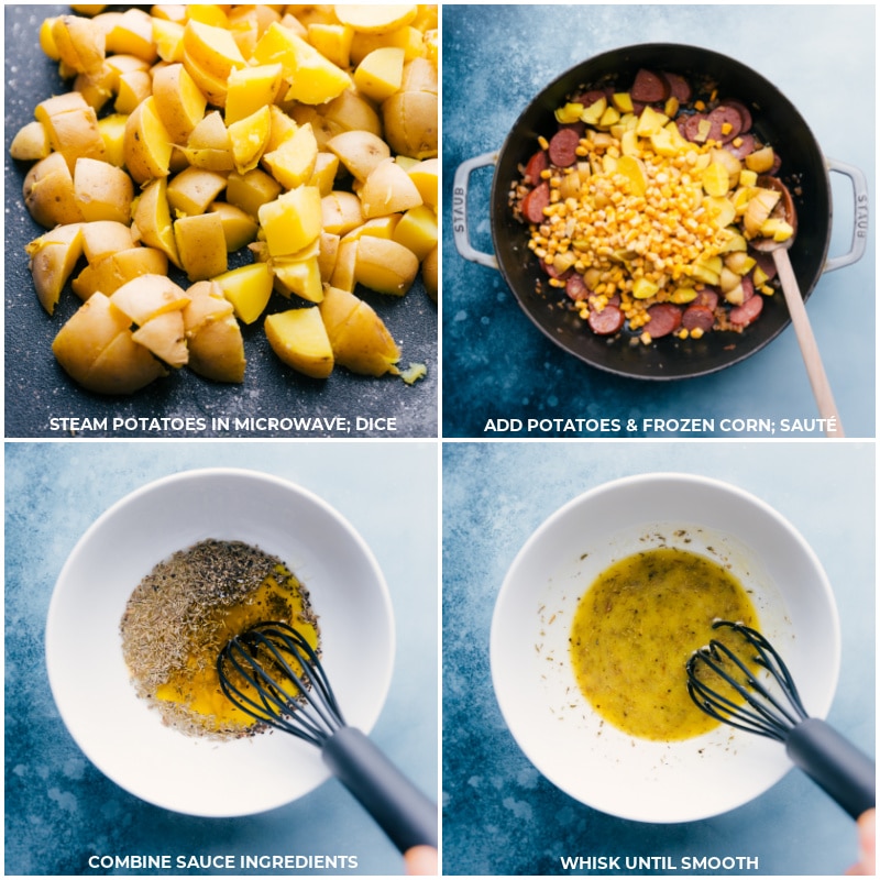 Process shots-- images of the potatoes being diced and added in, corn being added, and the sauce being whisked together