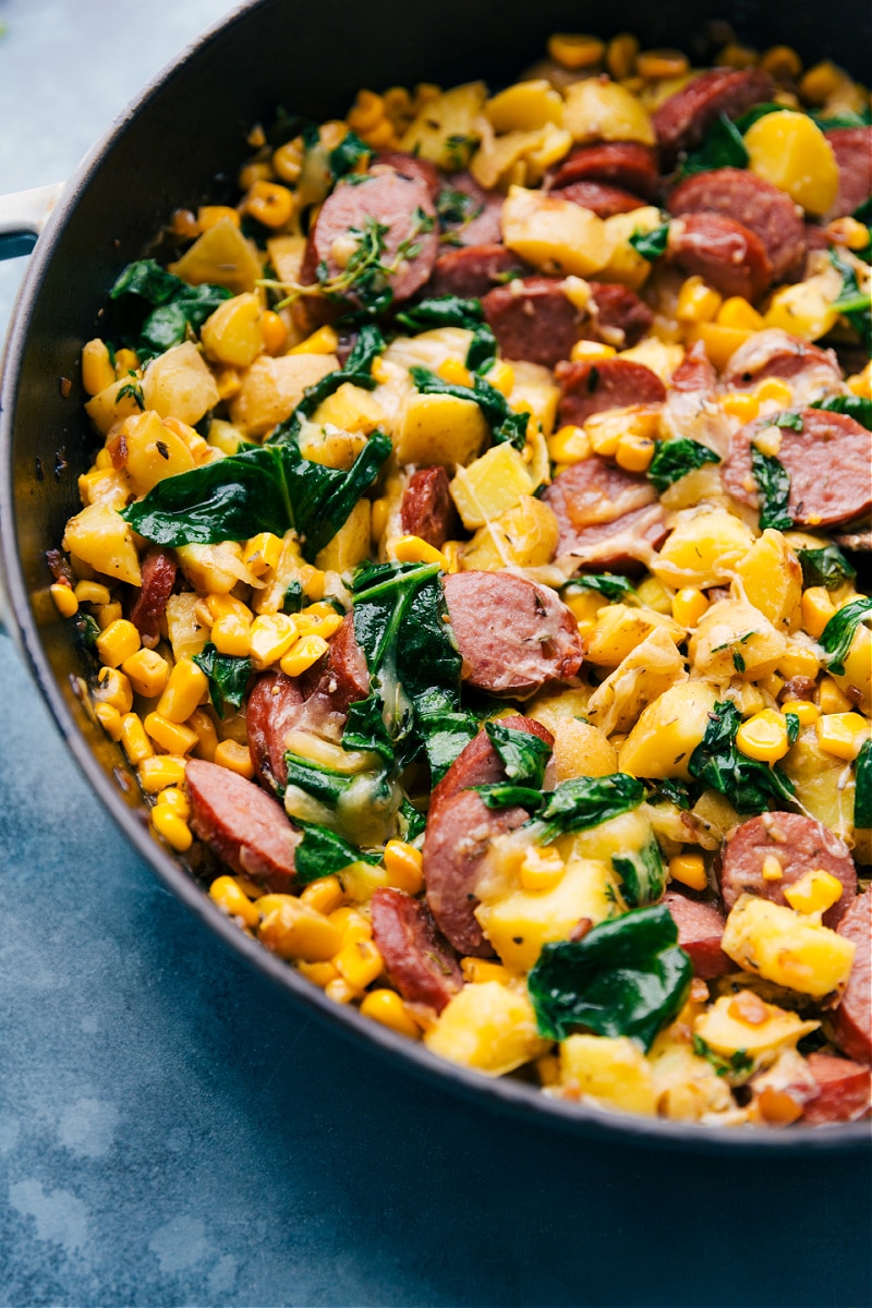 Overhead image of the smoked sausage, potato, and corn (one skillet)